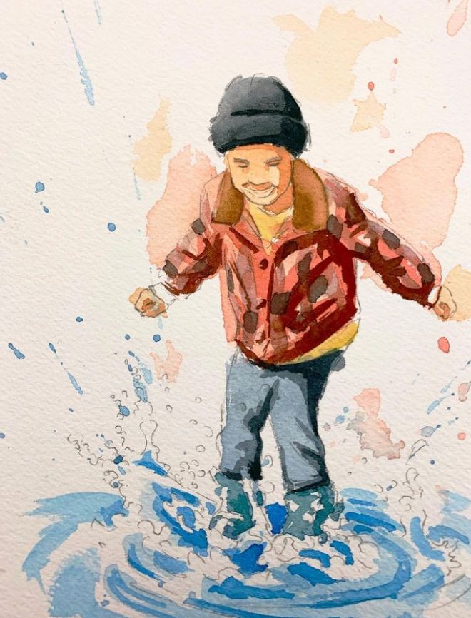 Watercolor Sketch of a kid splashing around in a puddle
