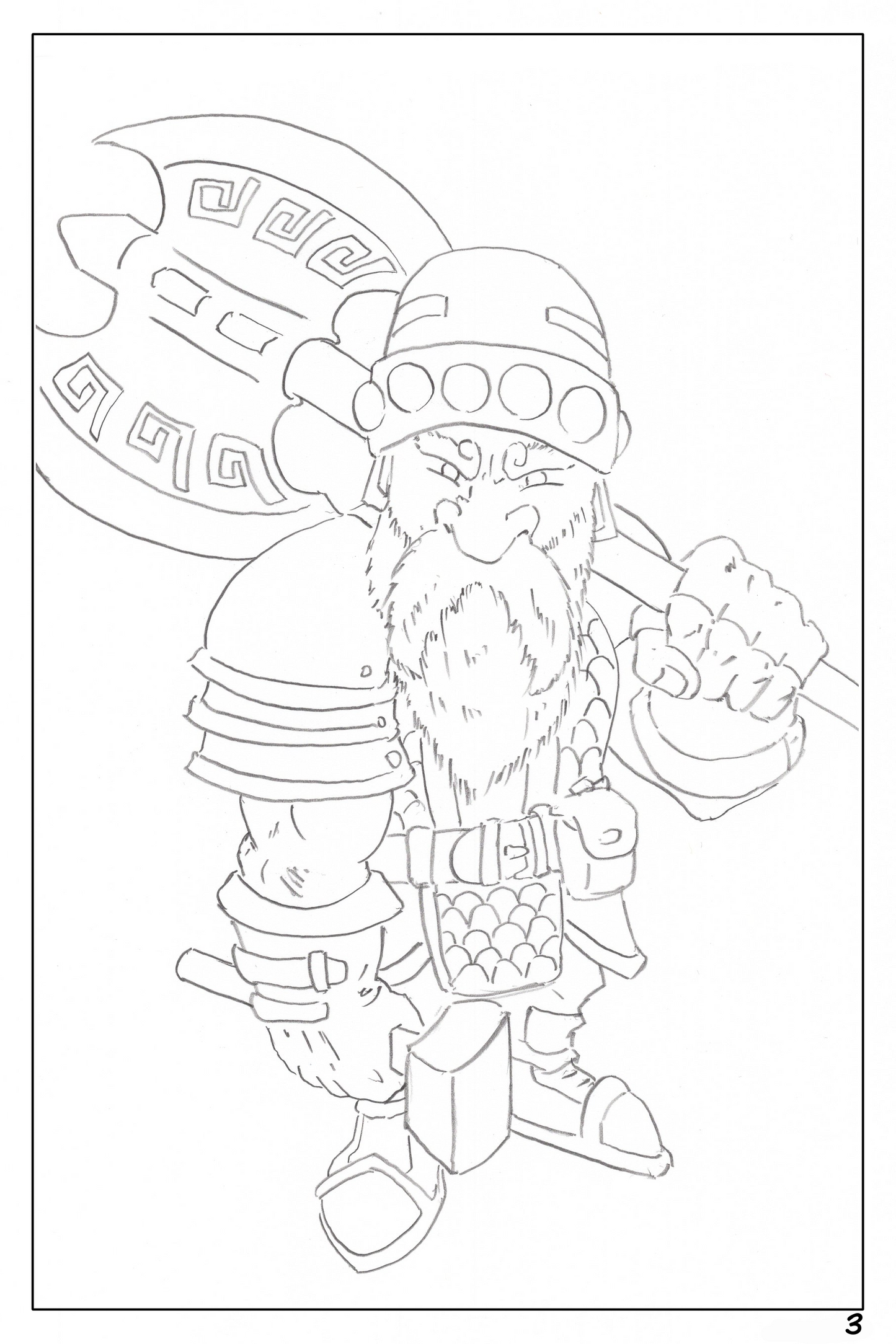 watercolor workbook page 3, coloring page of a warrior dwarf