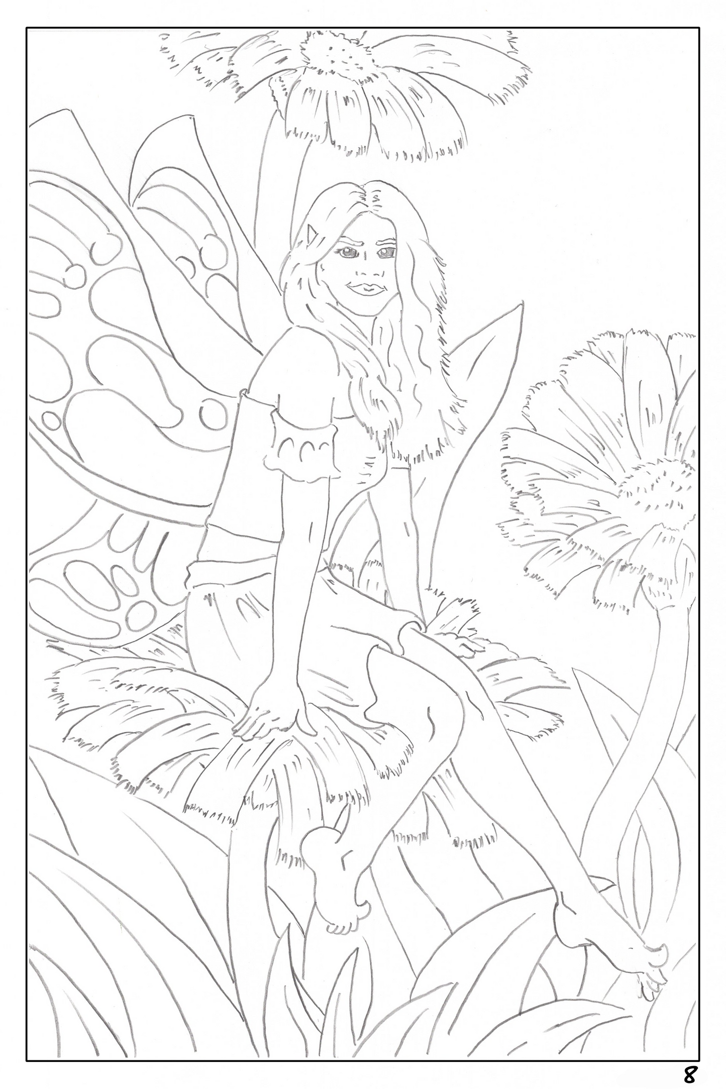 watercolor workbook page 8, coloring page of a fairy sitting on daisy flowers