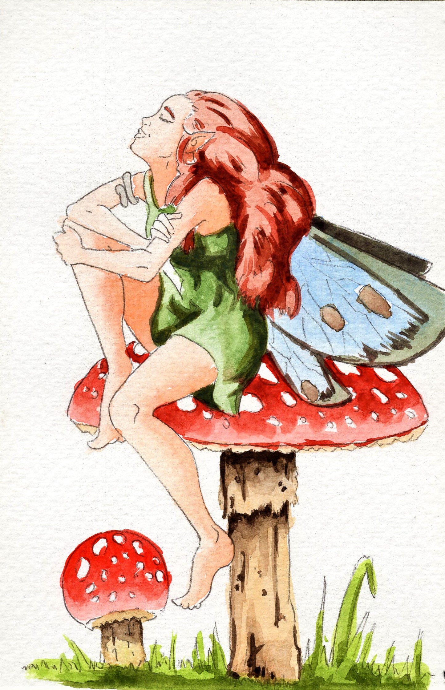 watercolor painting of a fairy sitting on a mushroom
