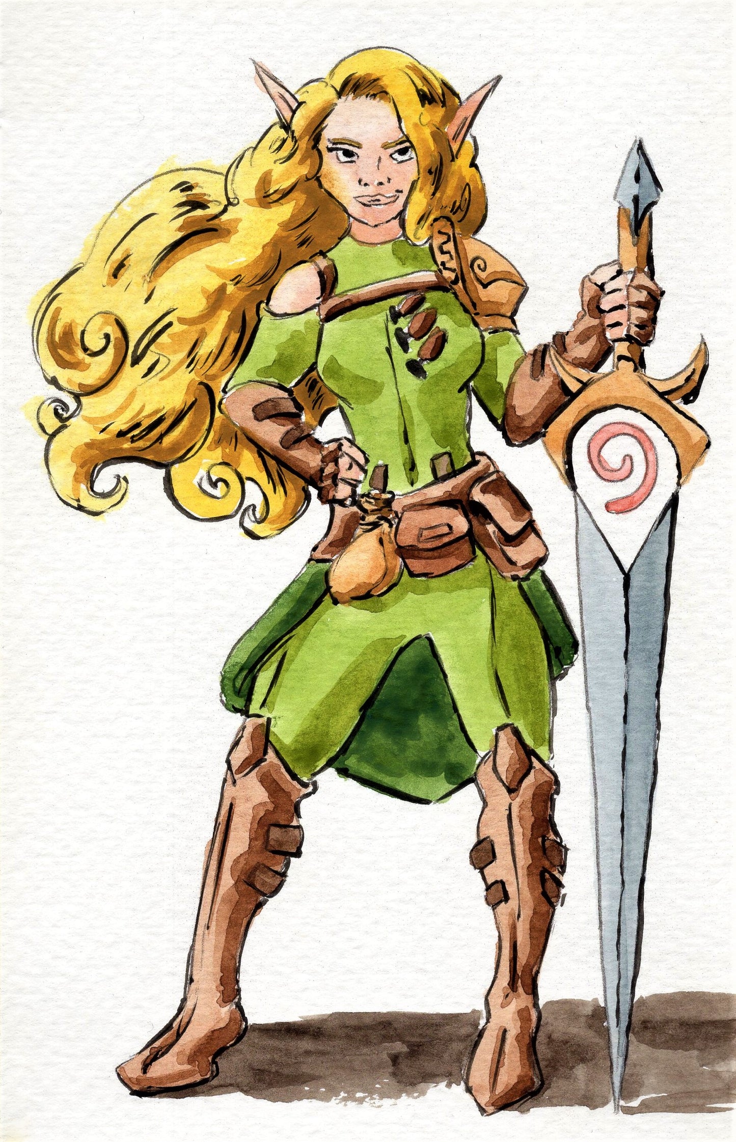 watercolor painting of a female warrior elf wearing green