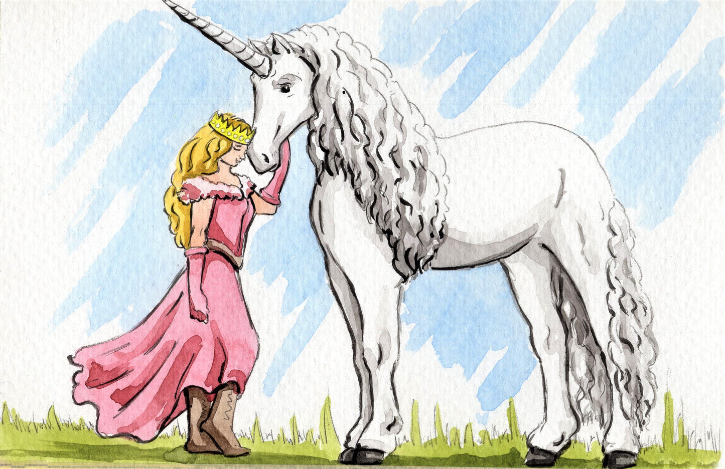watercolor painting of a princess with a unicorn
