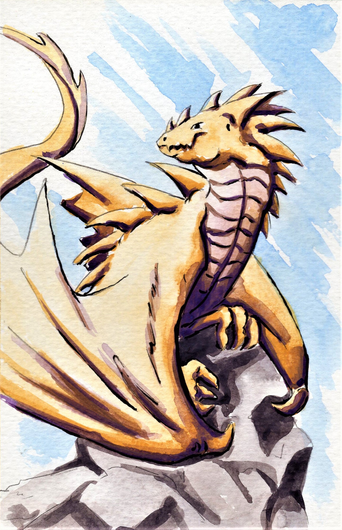 Watercolor painting of a dragon on a cliff