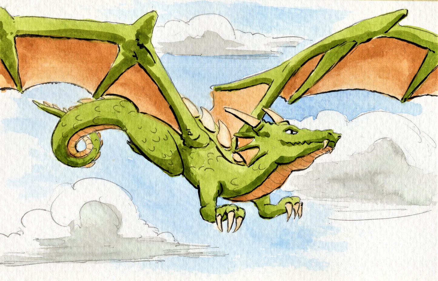 watercolor painting of a green horned dragon flying in the sky