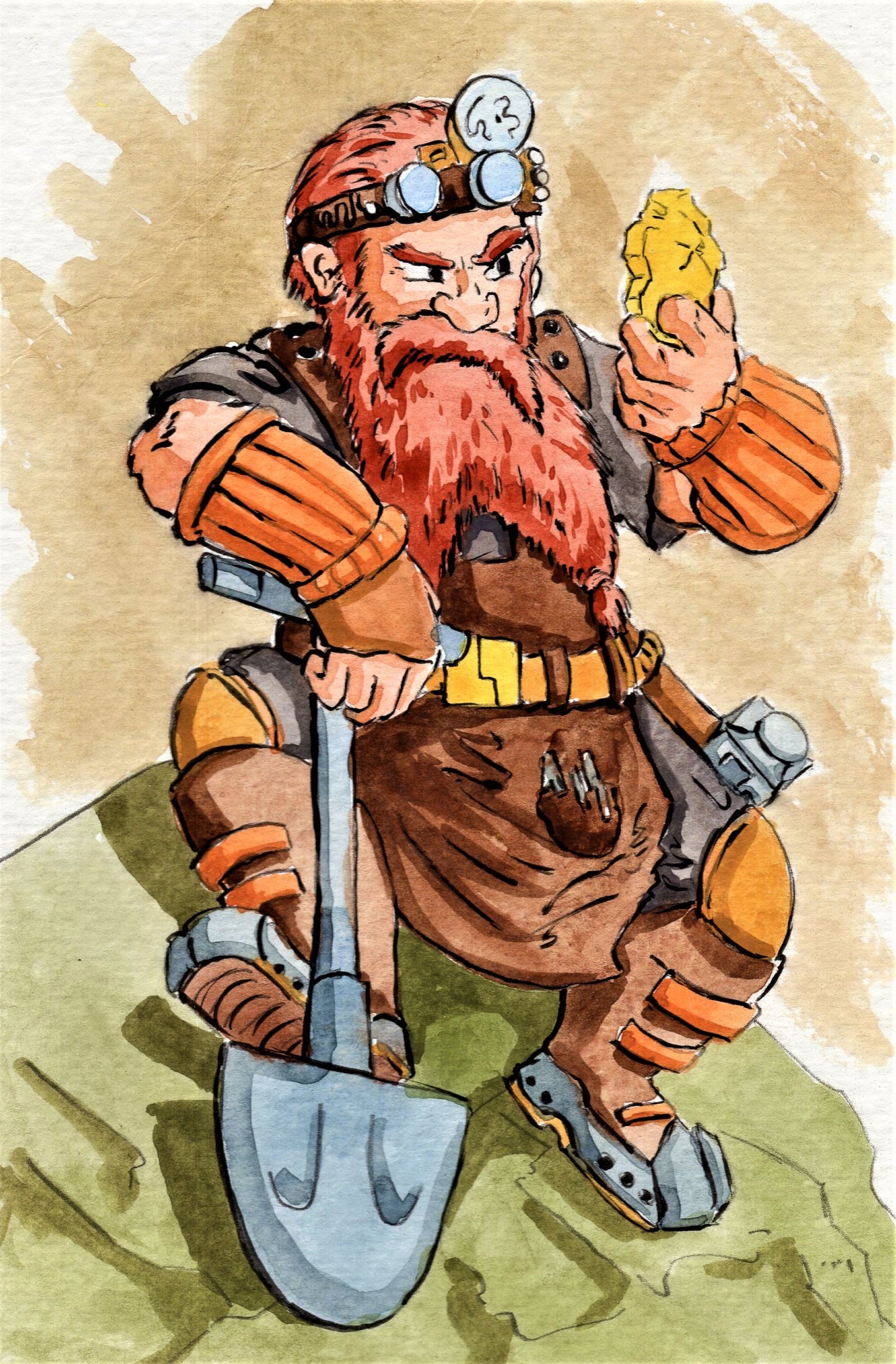 watercolor painting of a mining dwarf sitting on a rock and examining a stone