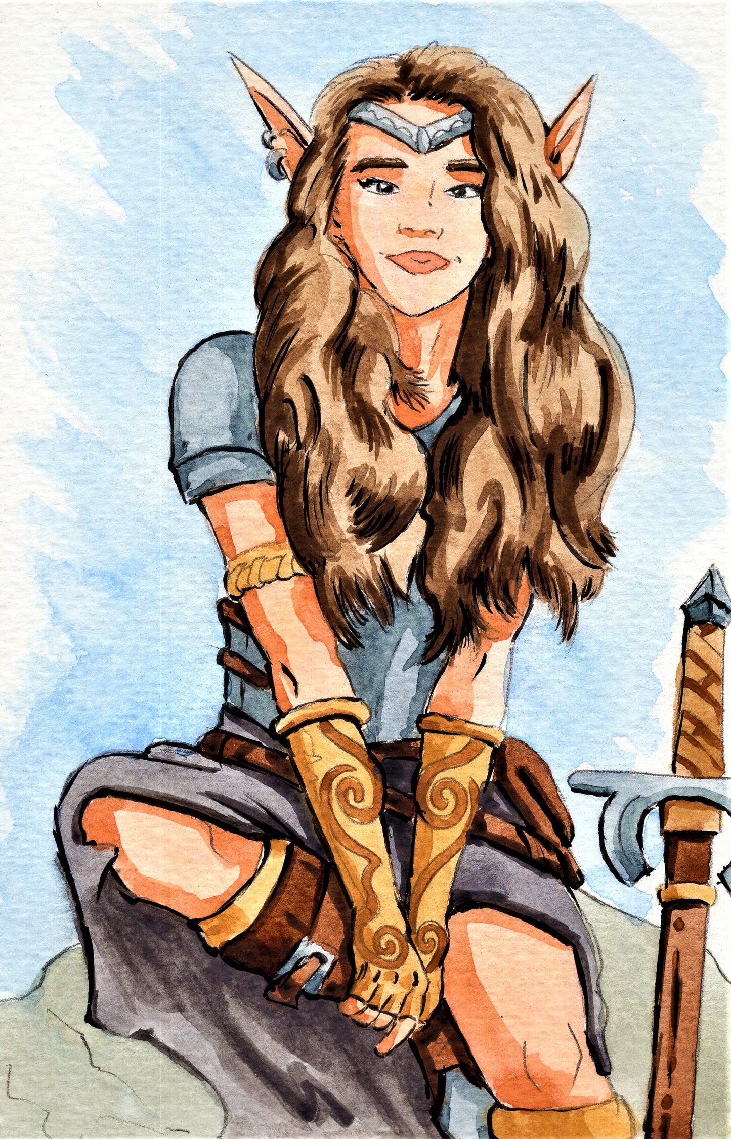 watercolor painting of a warrior elf sitting on a rock