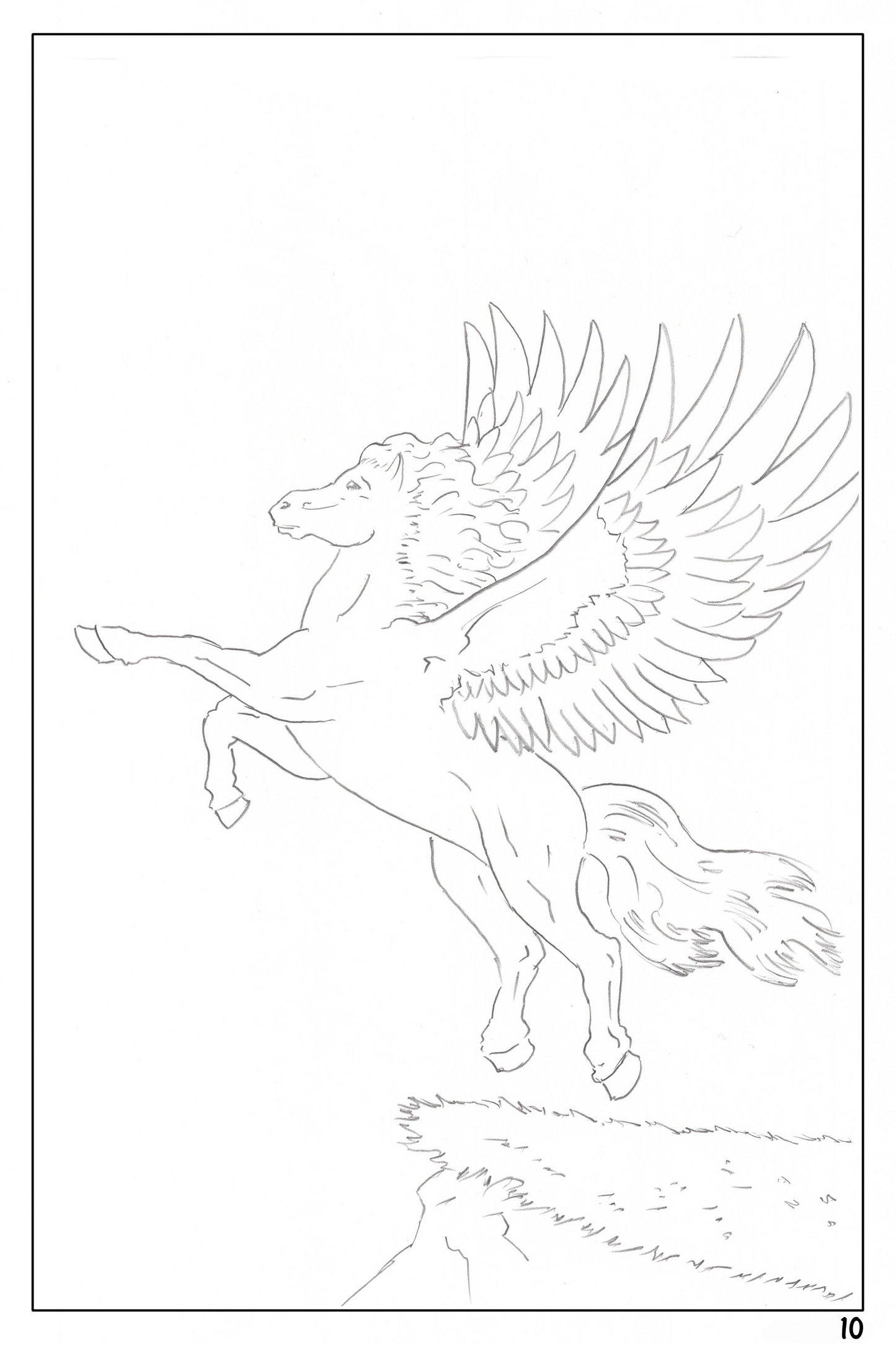 watercolor workbook page 10, coloring page of a Pegasus