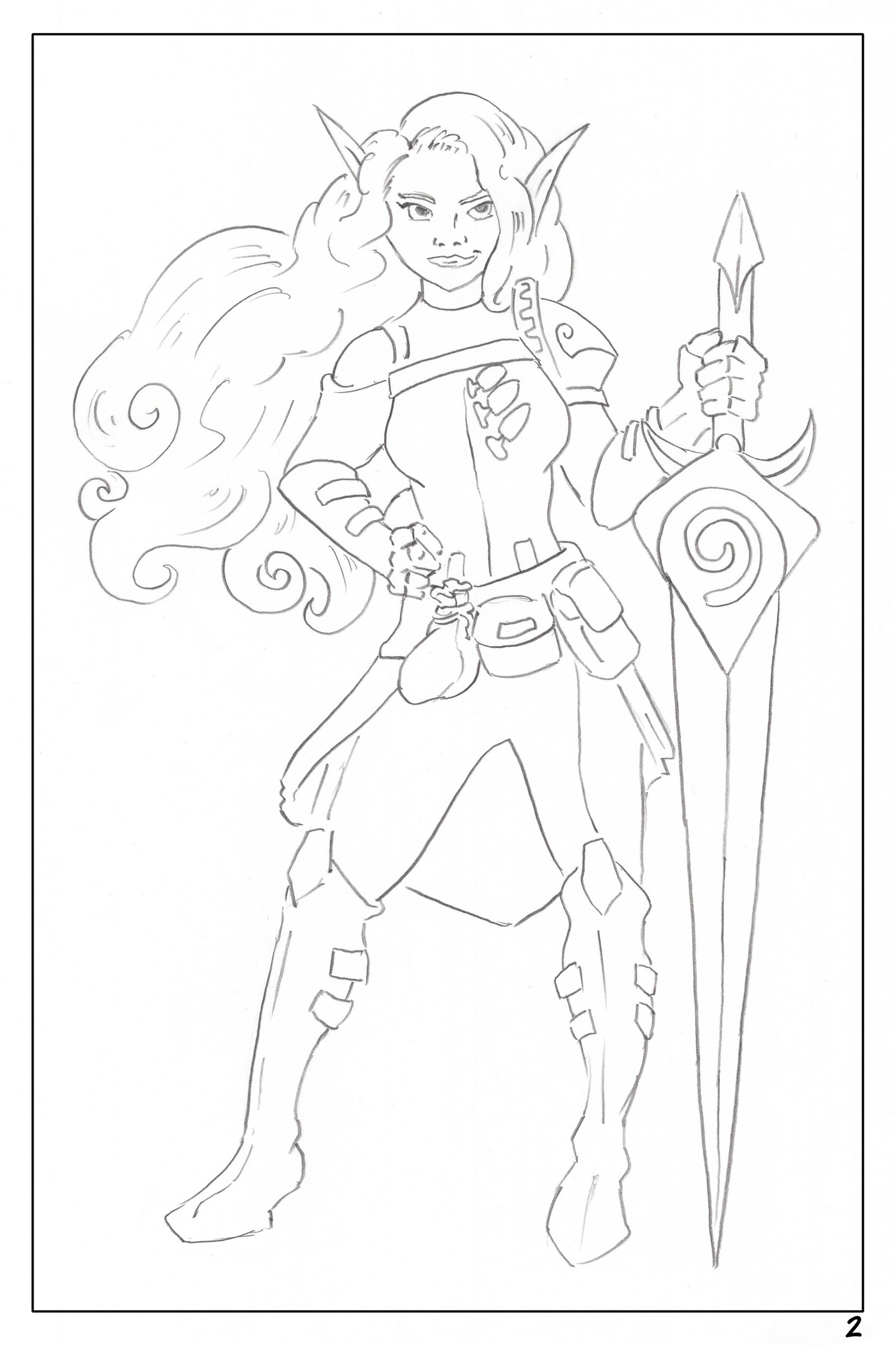 watercolor workbook page 2, coloring page of a female warrior elf