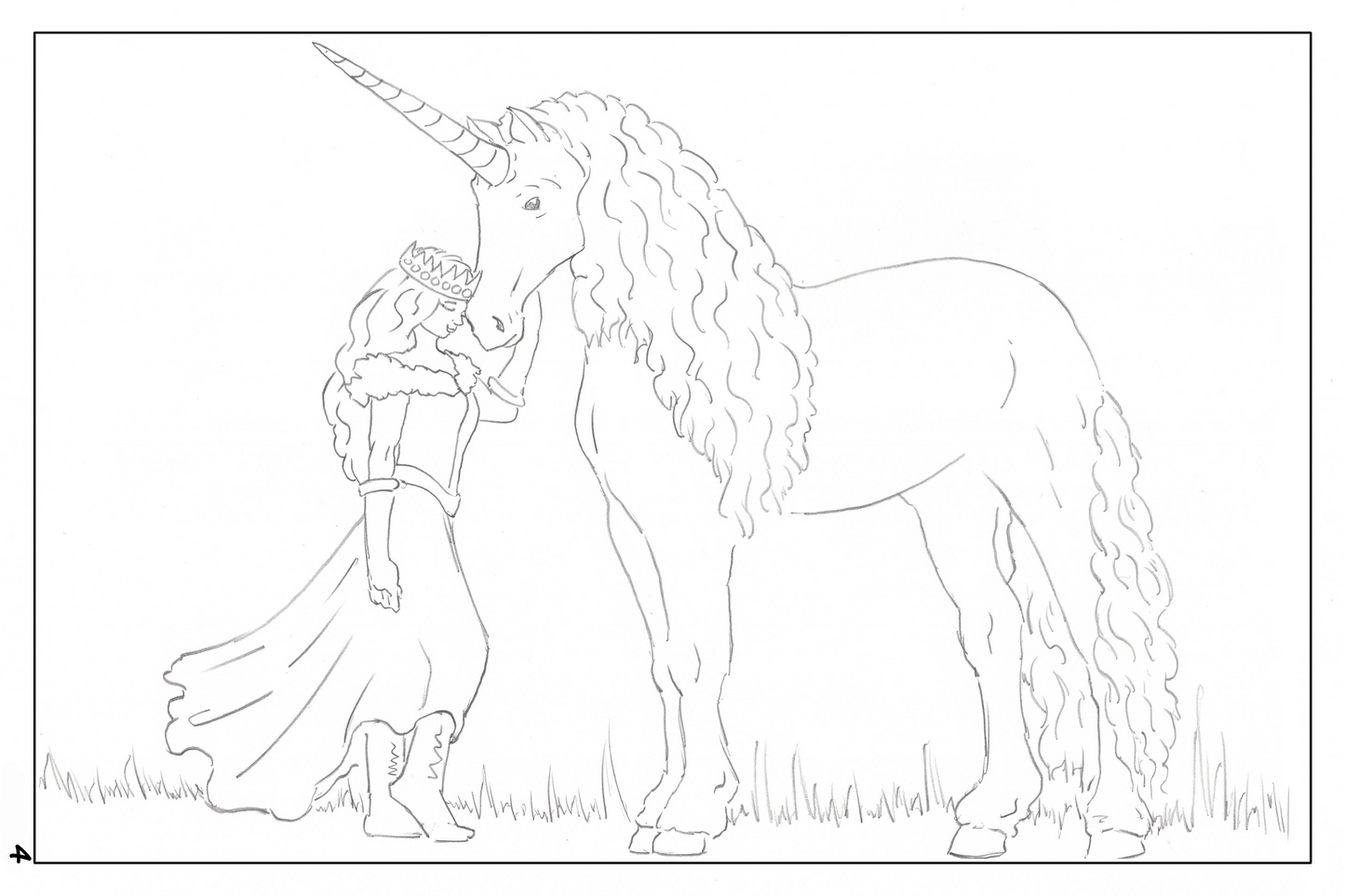watercolor workbook page 4, coloring page of a princess with a unicorn