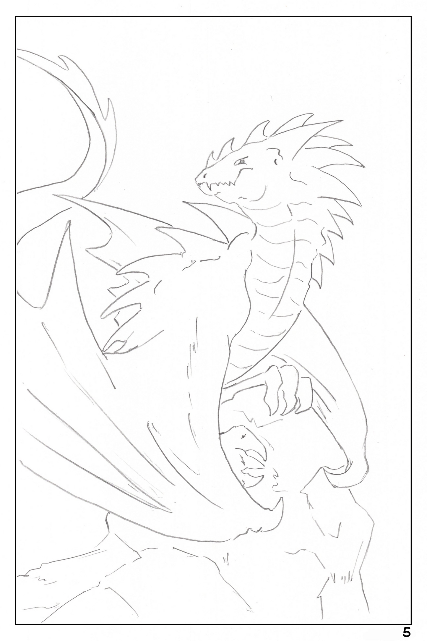 watercolor workbook page 5, coloring page of a dragon on a cliff