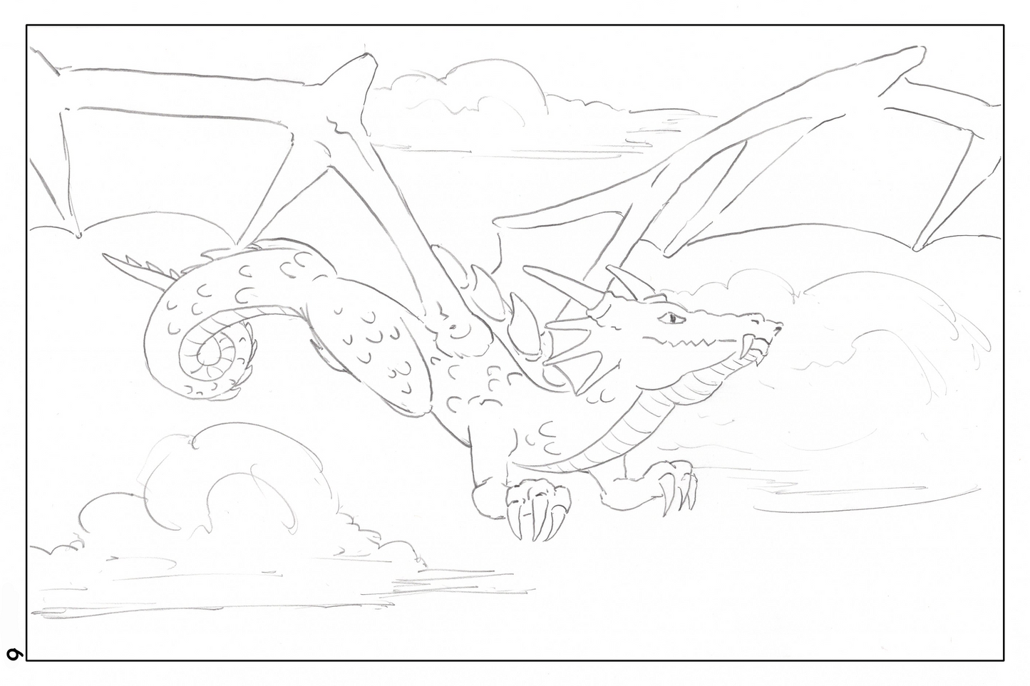 watercolor workbook page 6, coloring page of a green dragon flying in the sky
