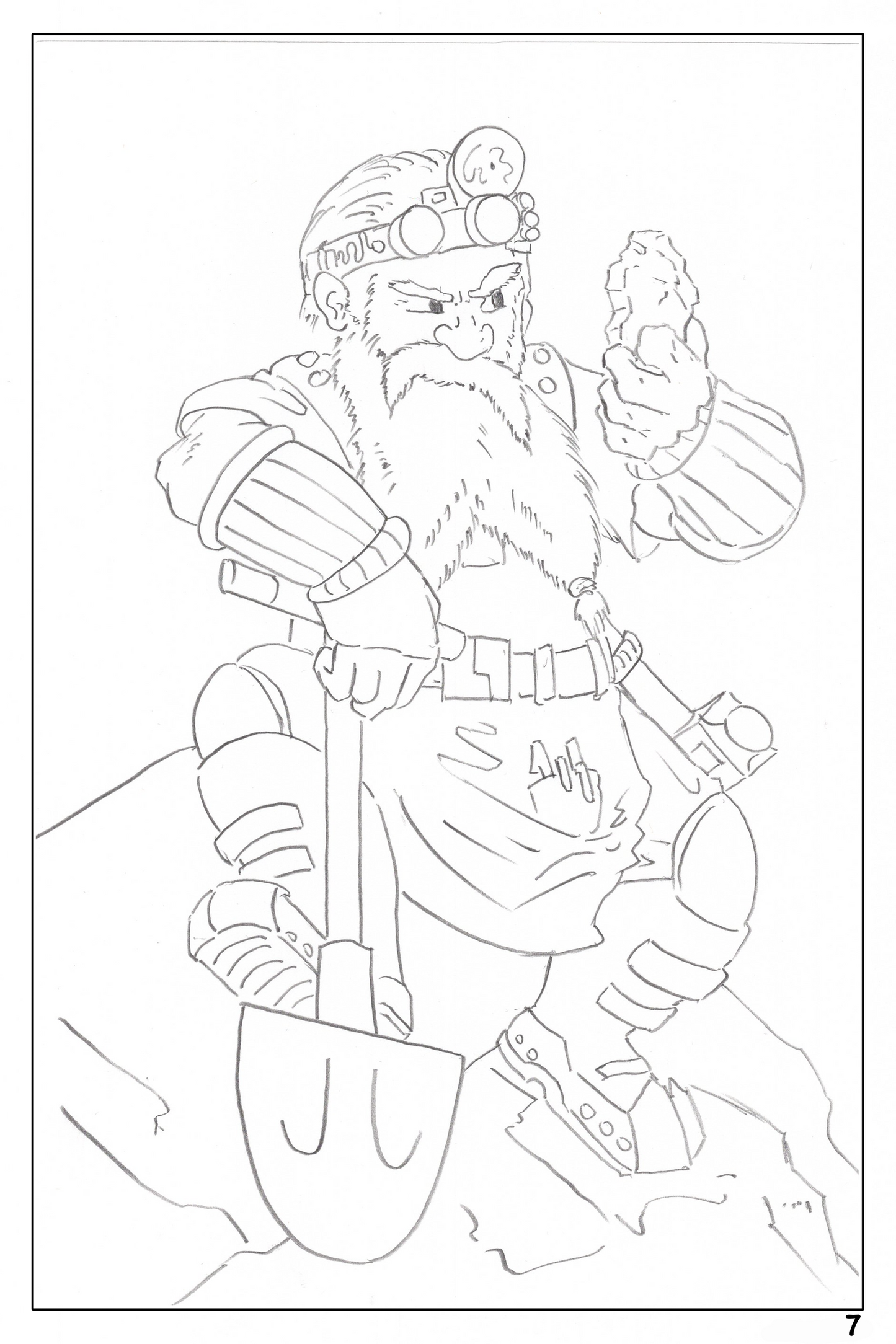 watercolor workbook page 7, coloring page of a mining dwarf sitting on a stone and examining a rock