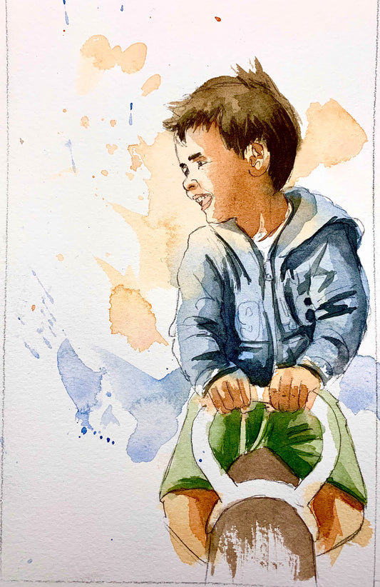 Watercolor Sketchbook Journal Entry - Loose painting of a kid playing on a see saw