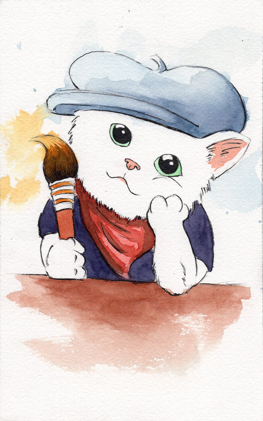 Watercolor Sketchbook Entry of a cute little kitten dressed as a watercolor artist that's daydreaming.