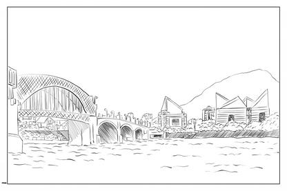 watercolor coloring page for Chattanooga riverfront in front of the Tennessee Aquarium, 140lbs cold pressed watercolor paper