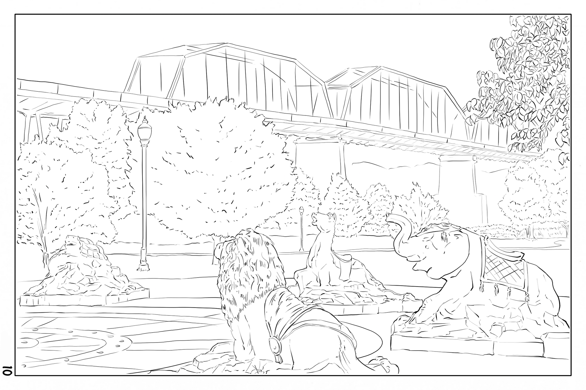Watercolor Coloring Book page, Coolidge Park in Chattanooga Tennessee, 140lbs cold pressed sheet of watercolor paper
