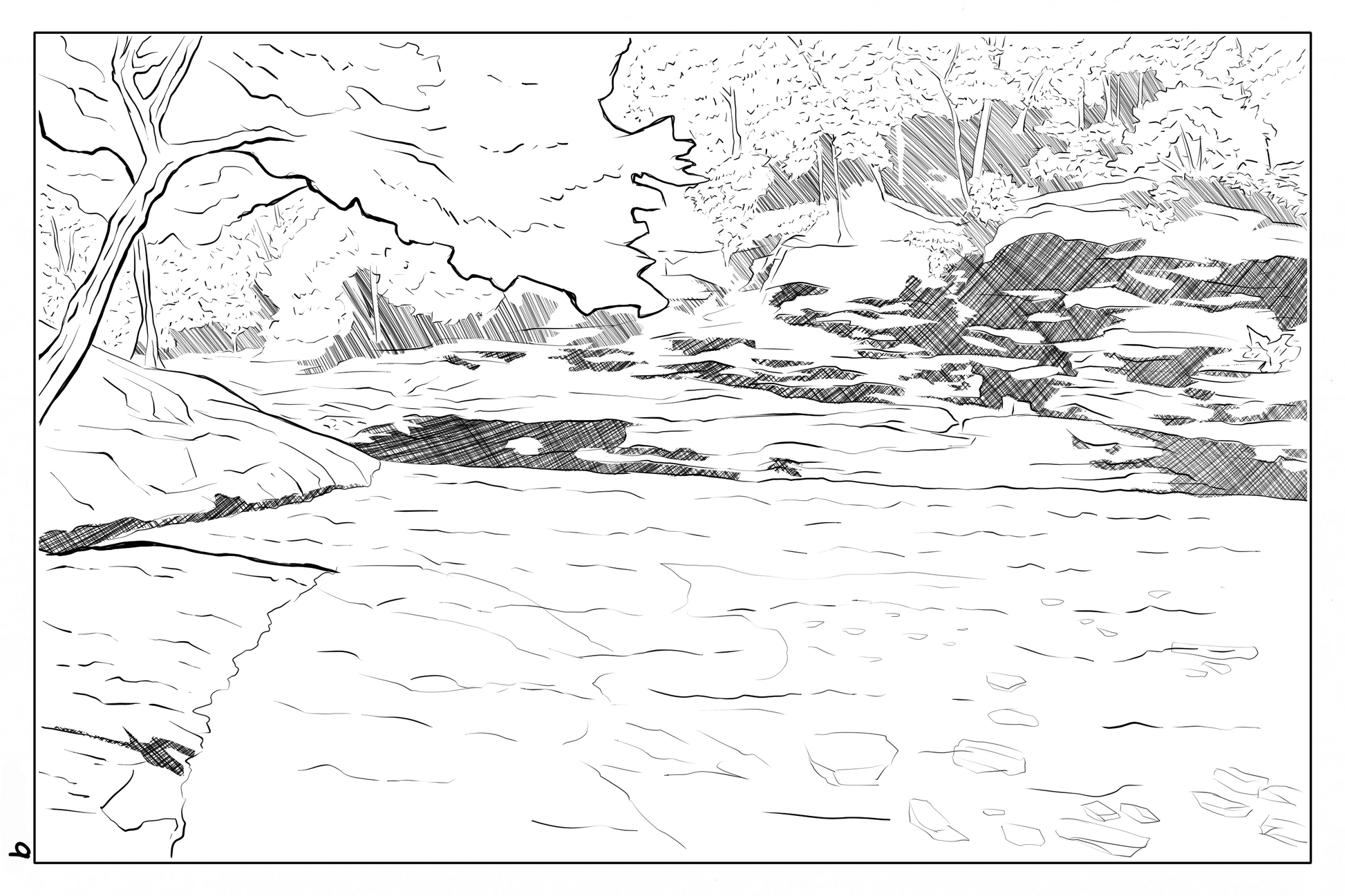 Watercolor Coloring Book page of the blue hole near Chattanooga Tennessee