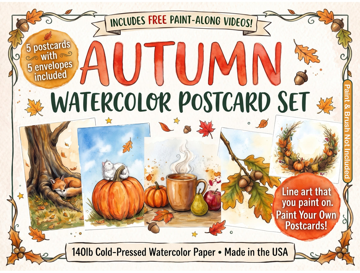 Autumn / Fall Themed Watercolor Postcard set with free paint along videos