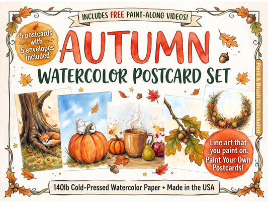 Autumn / Fall Themed Watercolor Postcard set with free paint along videos