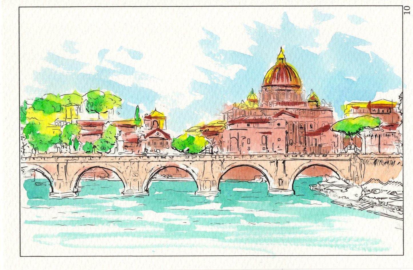watercolor painting of St. Angelo's bridge in Rome