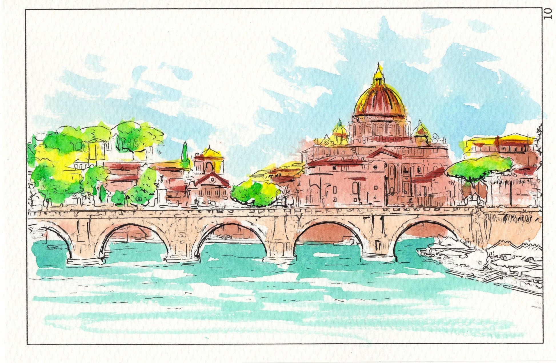 watercolor painting of St. Angelo's bridge in Rome