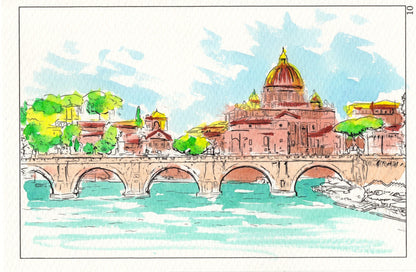 watercolor painting of St. Angelo's bridge in Rome