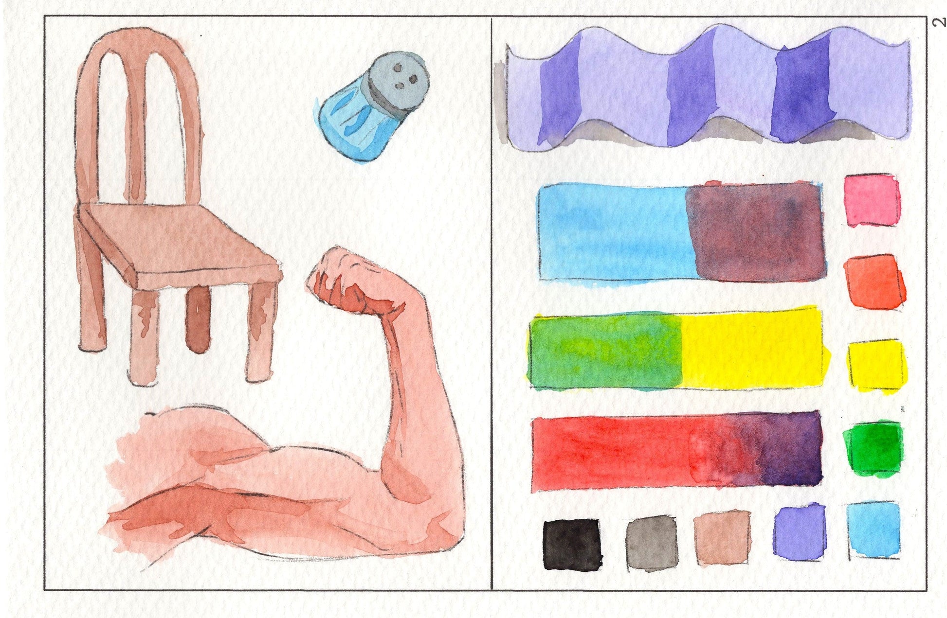 watercolor workbook page 2 fully painted, watercolor painting for beginners, how to watercolor paint