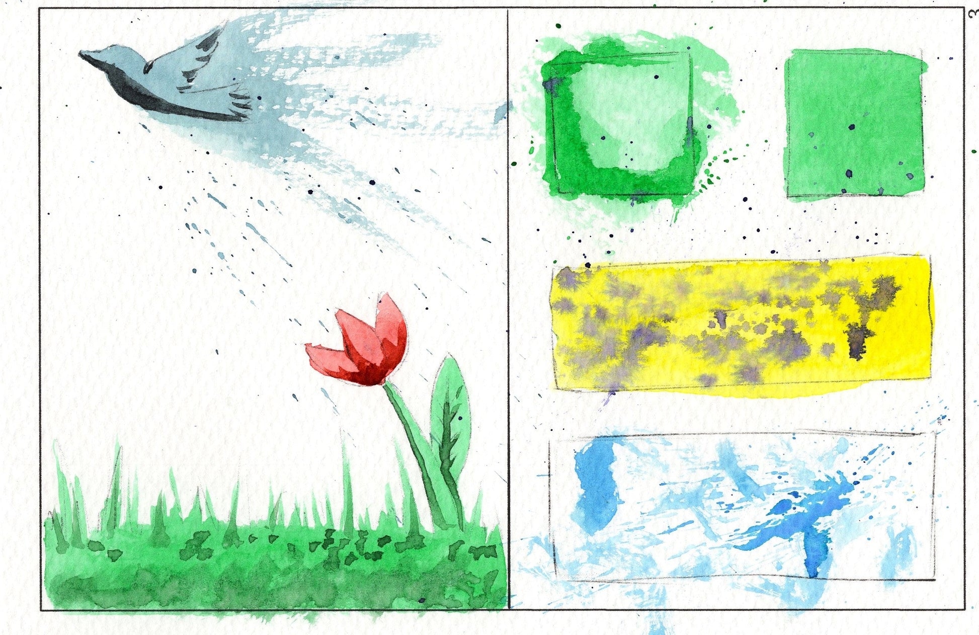 watercolor painting of watercolor workbook page 3, how to watercolor paint splatters and textures