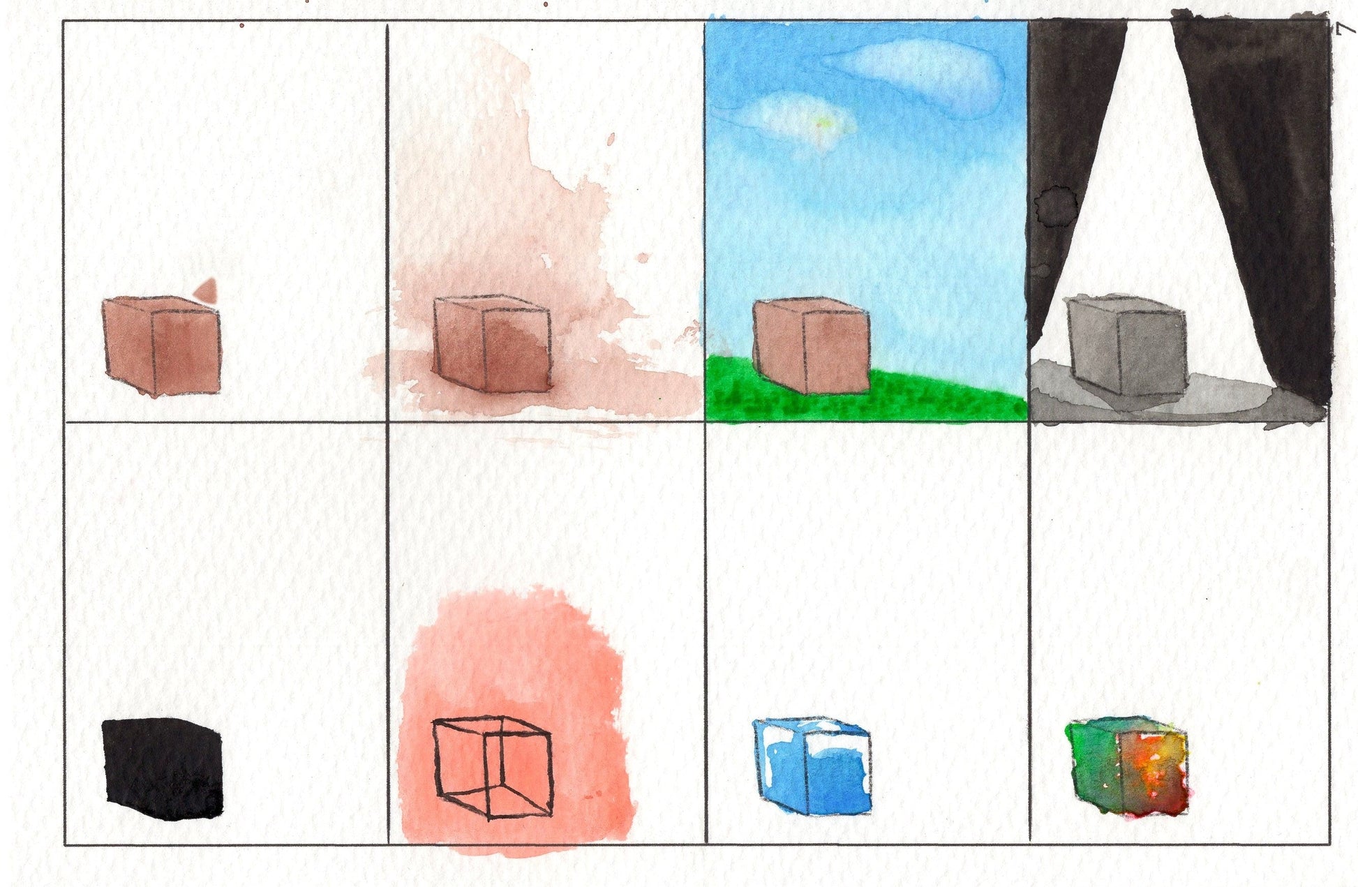 watercolor workbook page 7, fully rendered page with watercolor paint in 8 different ways