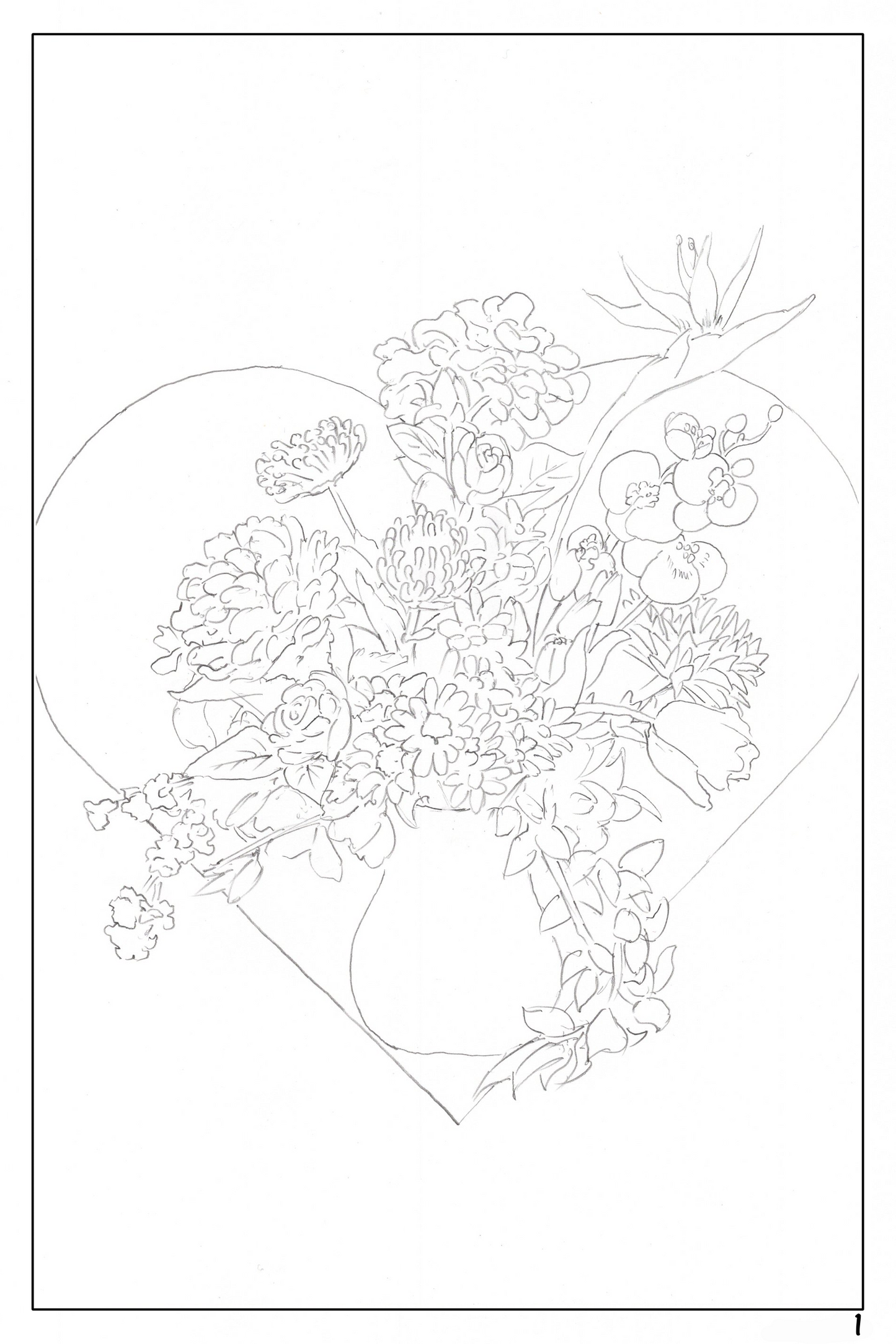 Date Night watercolor workbook page 1, coloring book page of a bouquet of flowers