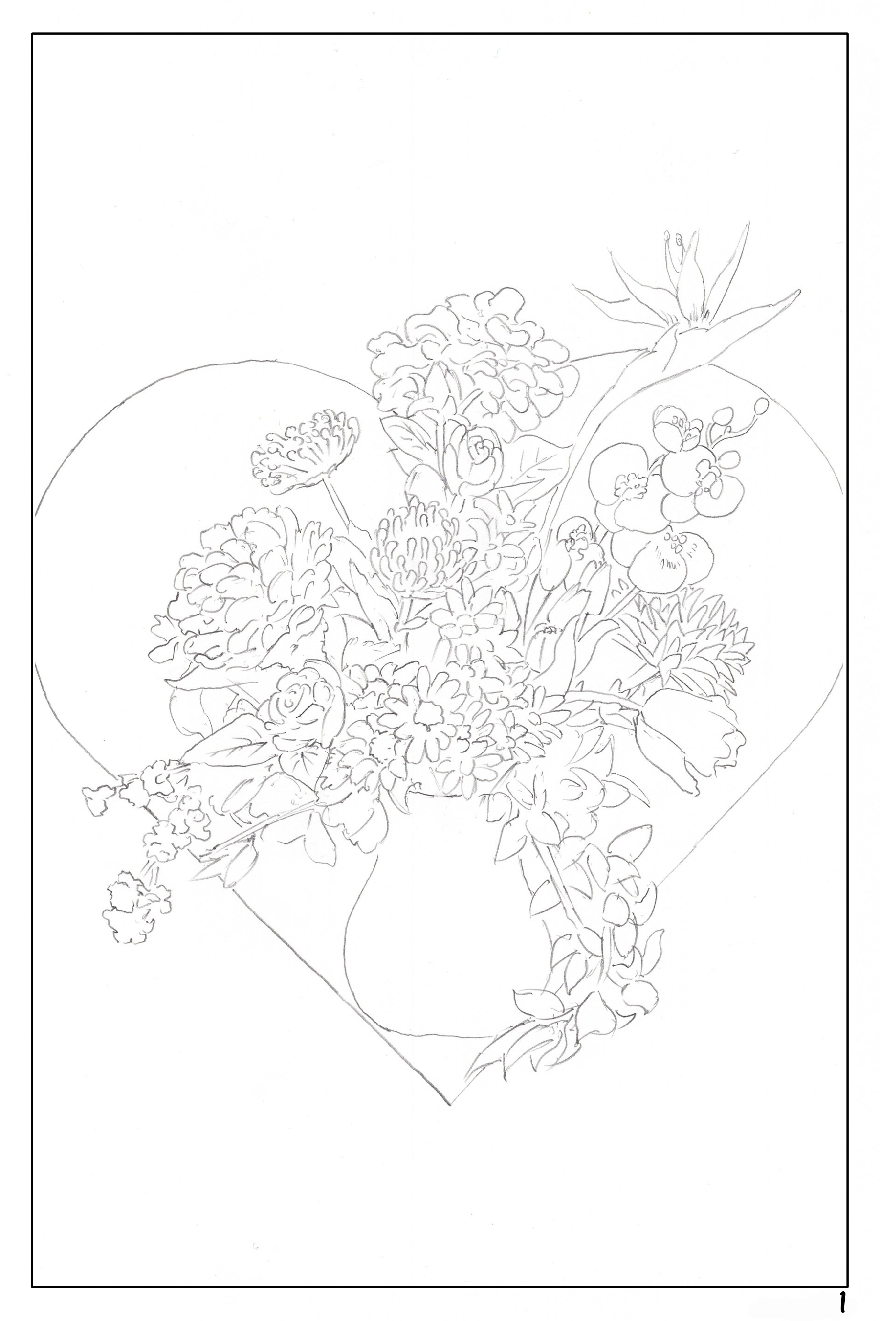 Date Night watercolor workbook page 1, coloring book page of a bouquet of flowers
