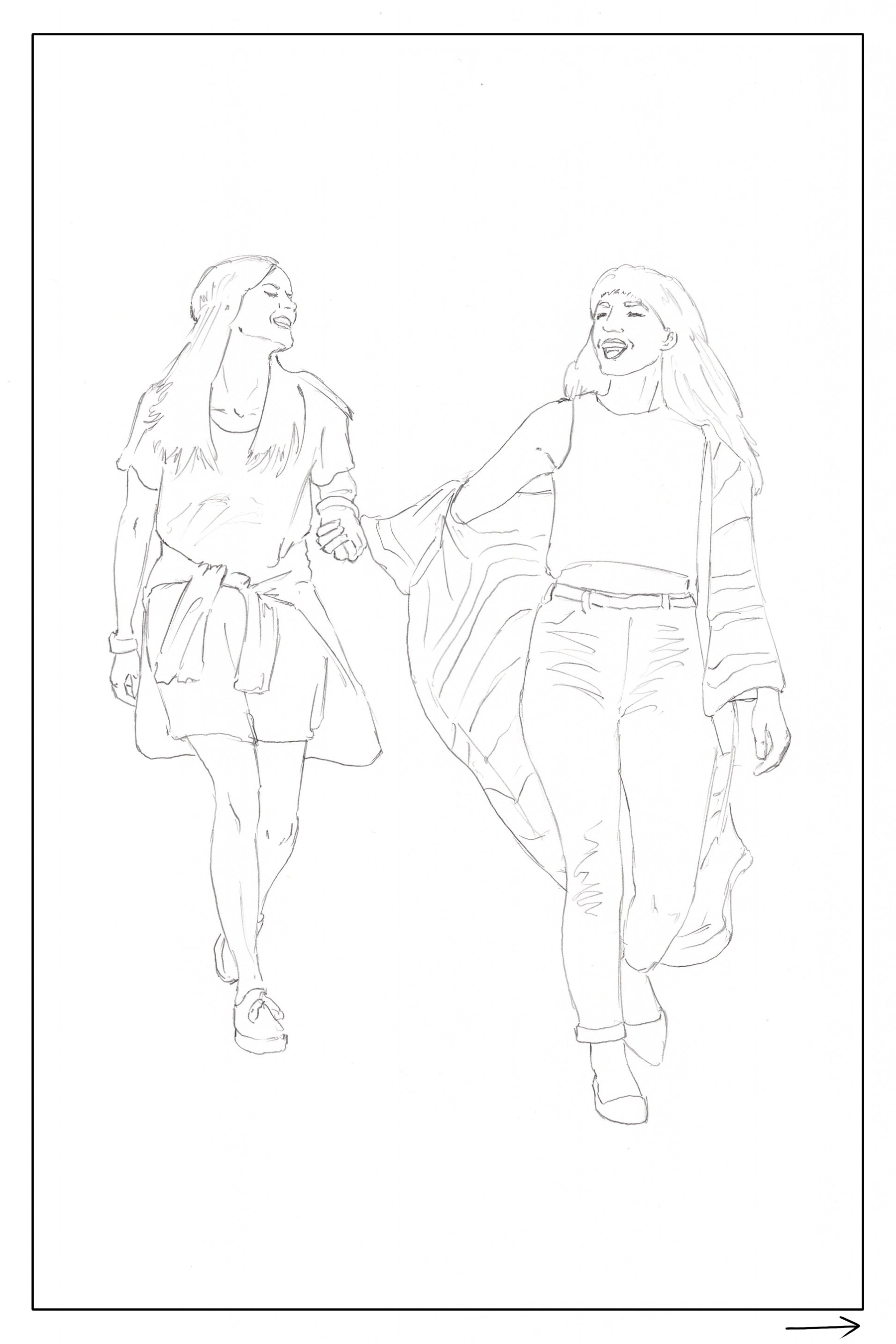 watercolor workbook page 4, friends walking hand in hand 