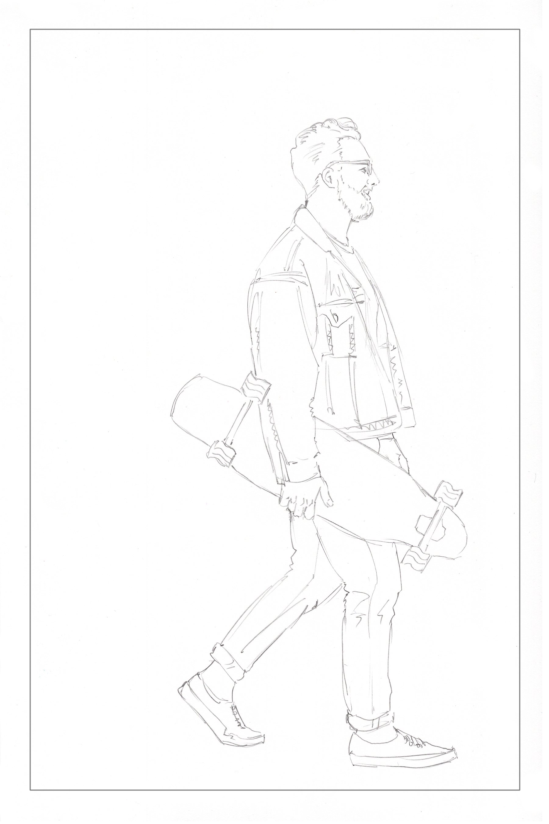 watercolor workbook page 5, coloring page of a skateboarder 
