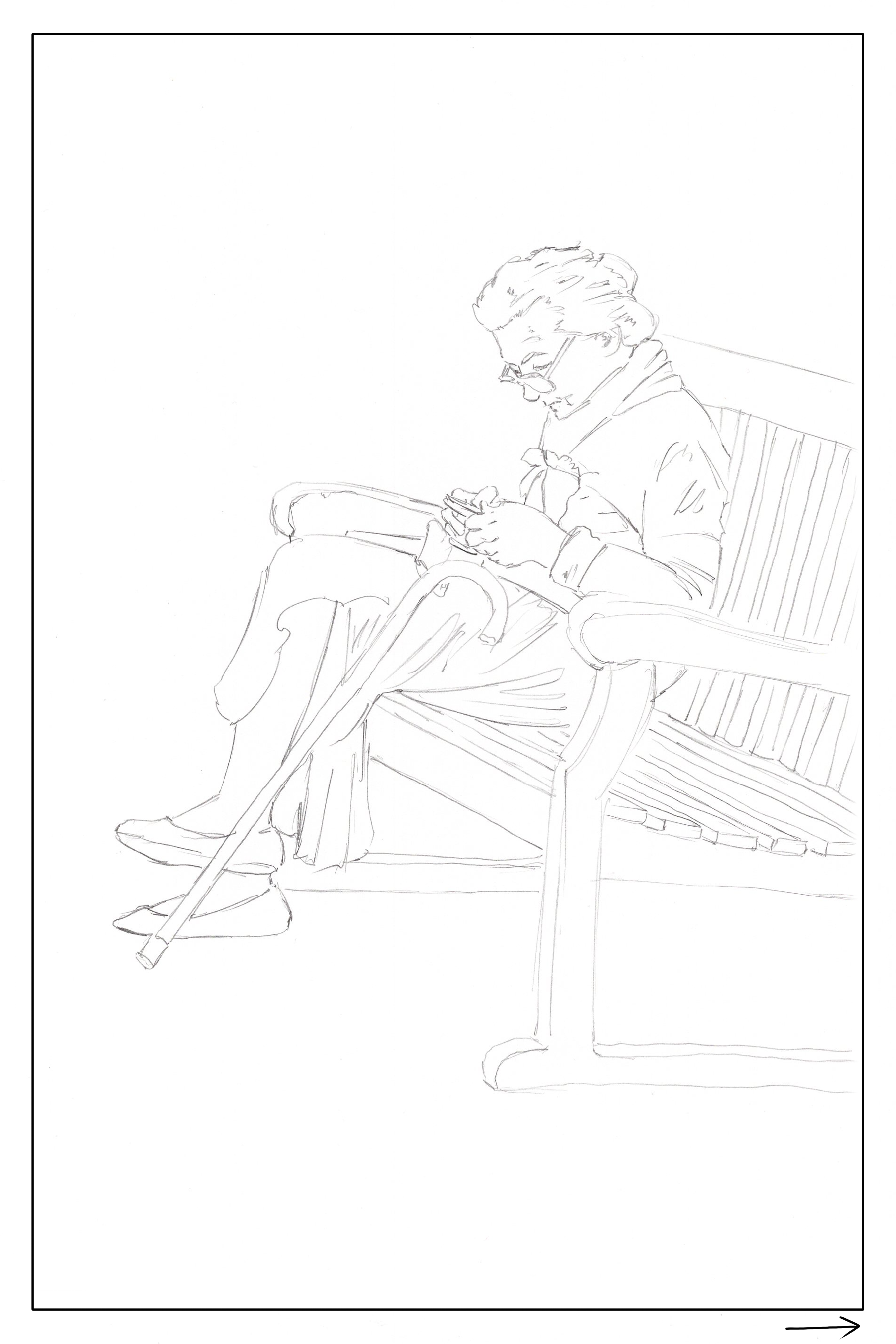 watercolor workbook page 2, old lady on a bench