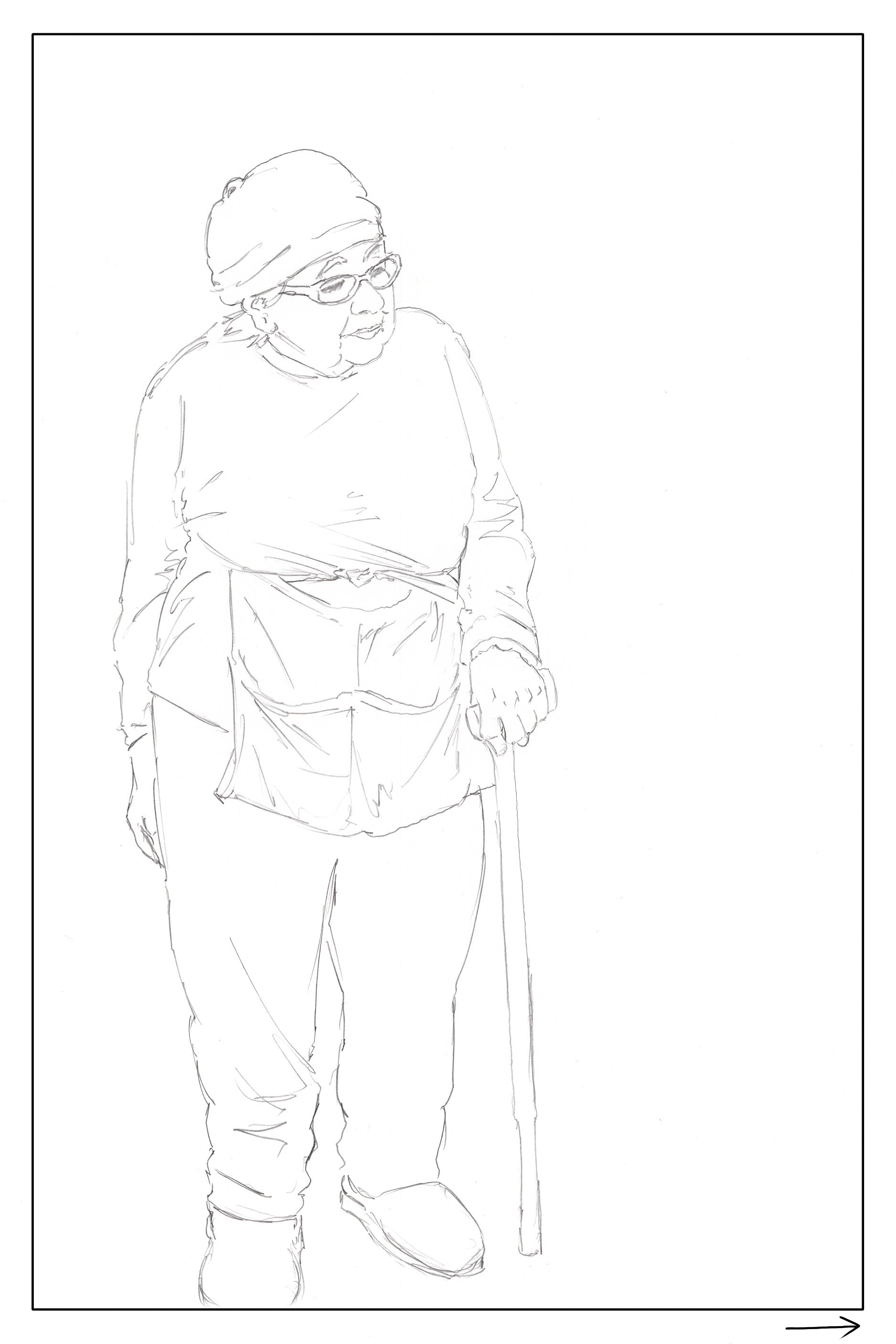 watercolor workbook page 6, coloring page of an old lady with a cane