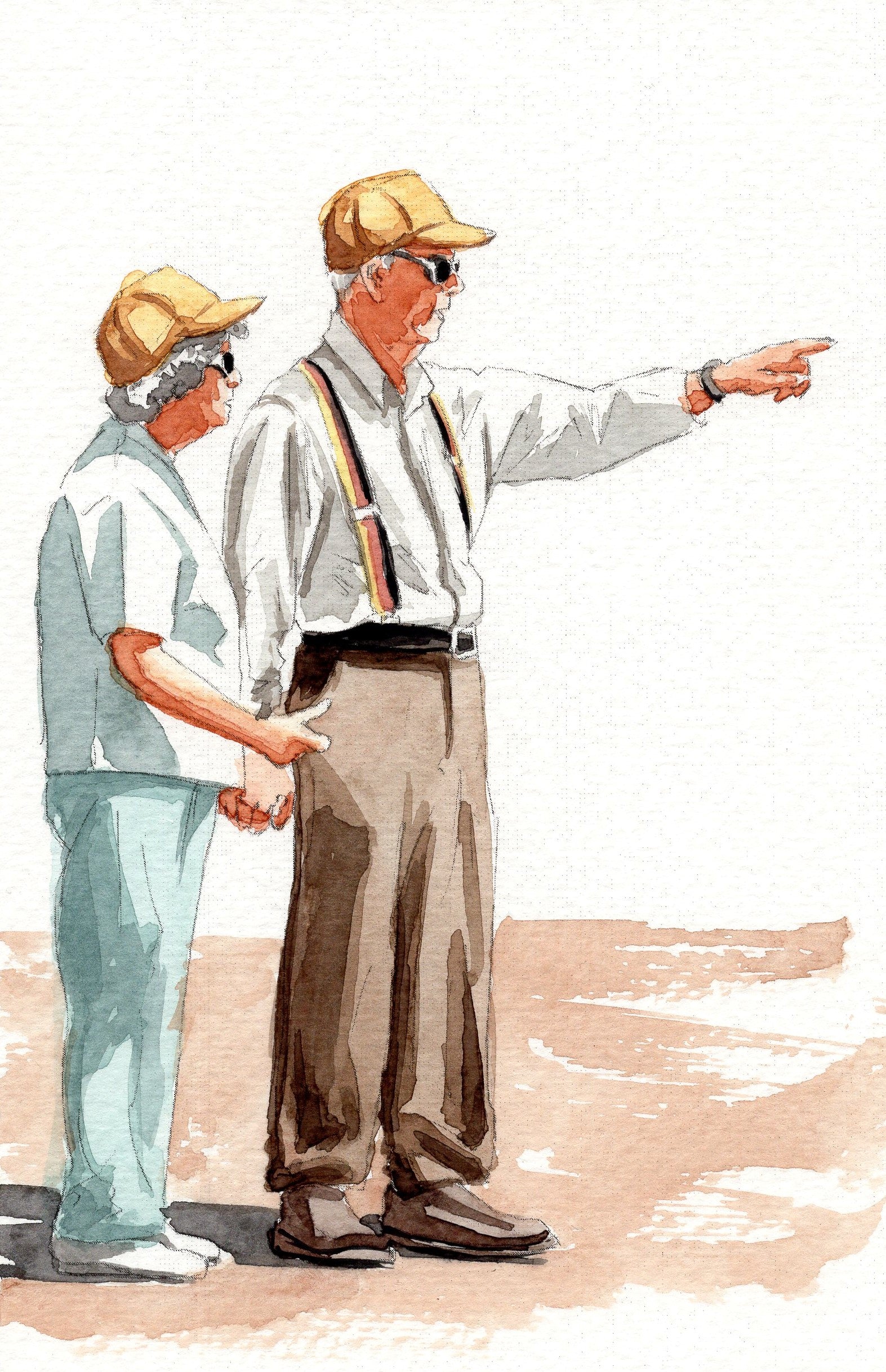 Watercolor painting of a cute old couple at the beach