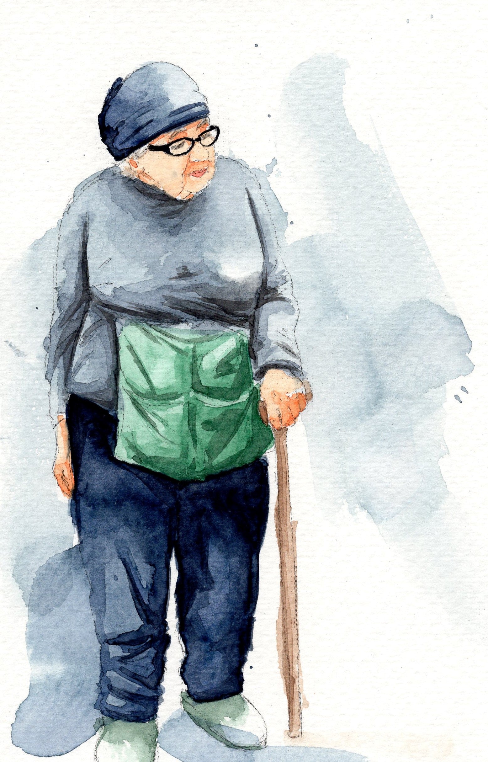 watercolor painting of an older lady walking with a cane