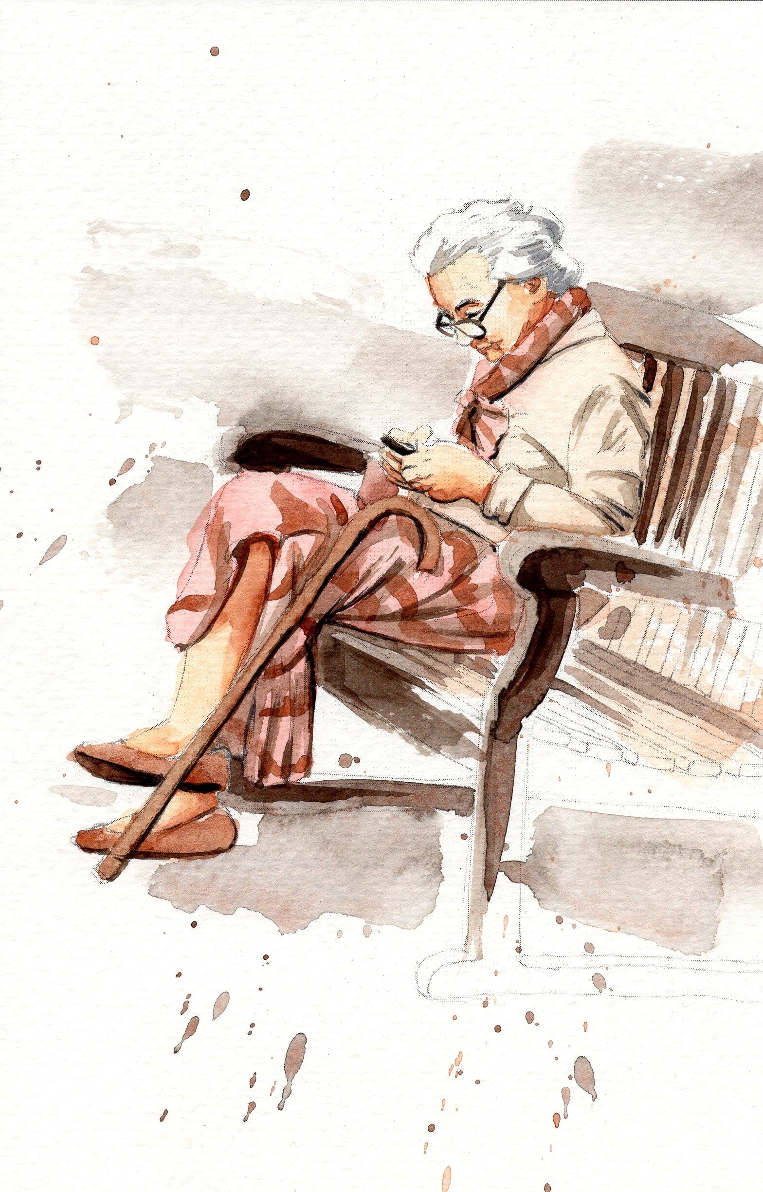 watercolor painting with splatters of an old lady sitting on a bench
