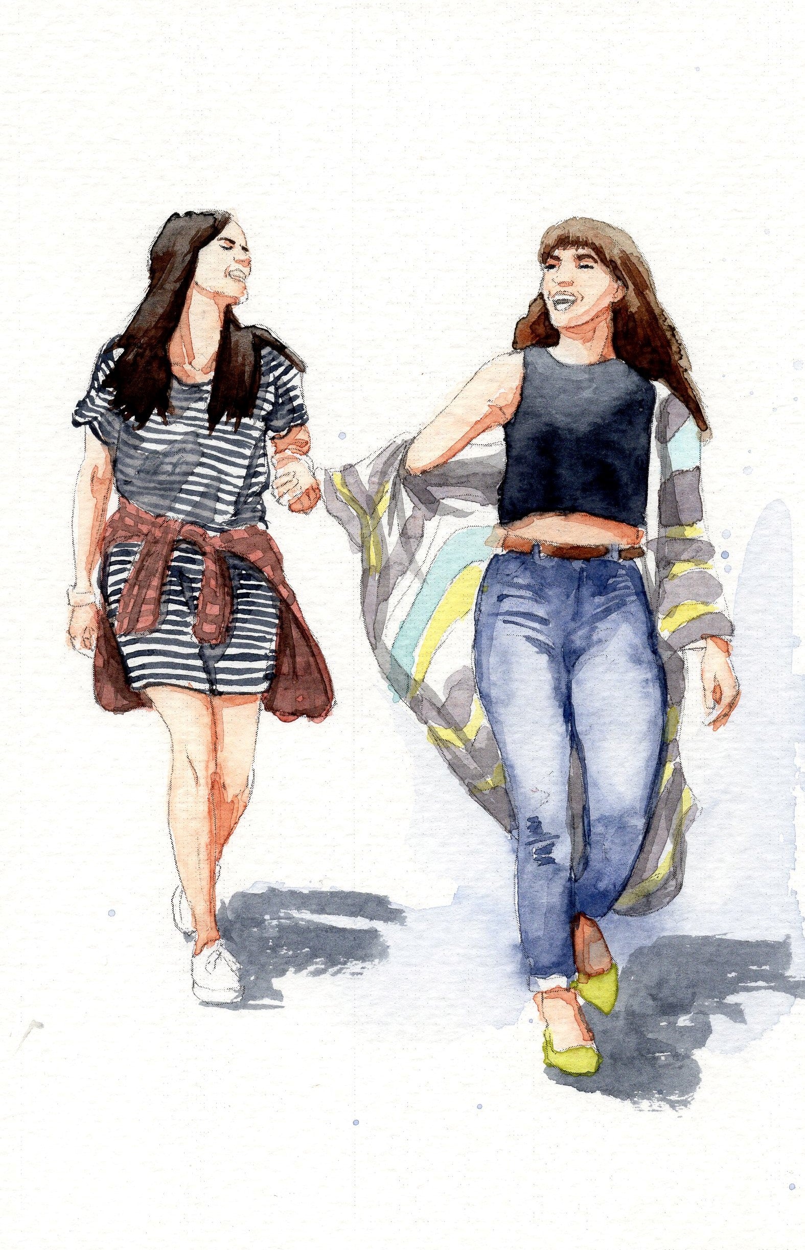 watercolor painting of 2 girl friends walking hand in hand