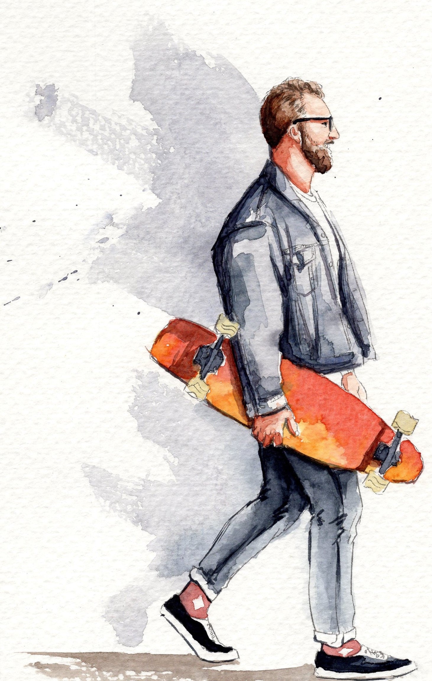watercolor painting of a skateboarder 